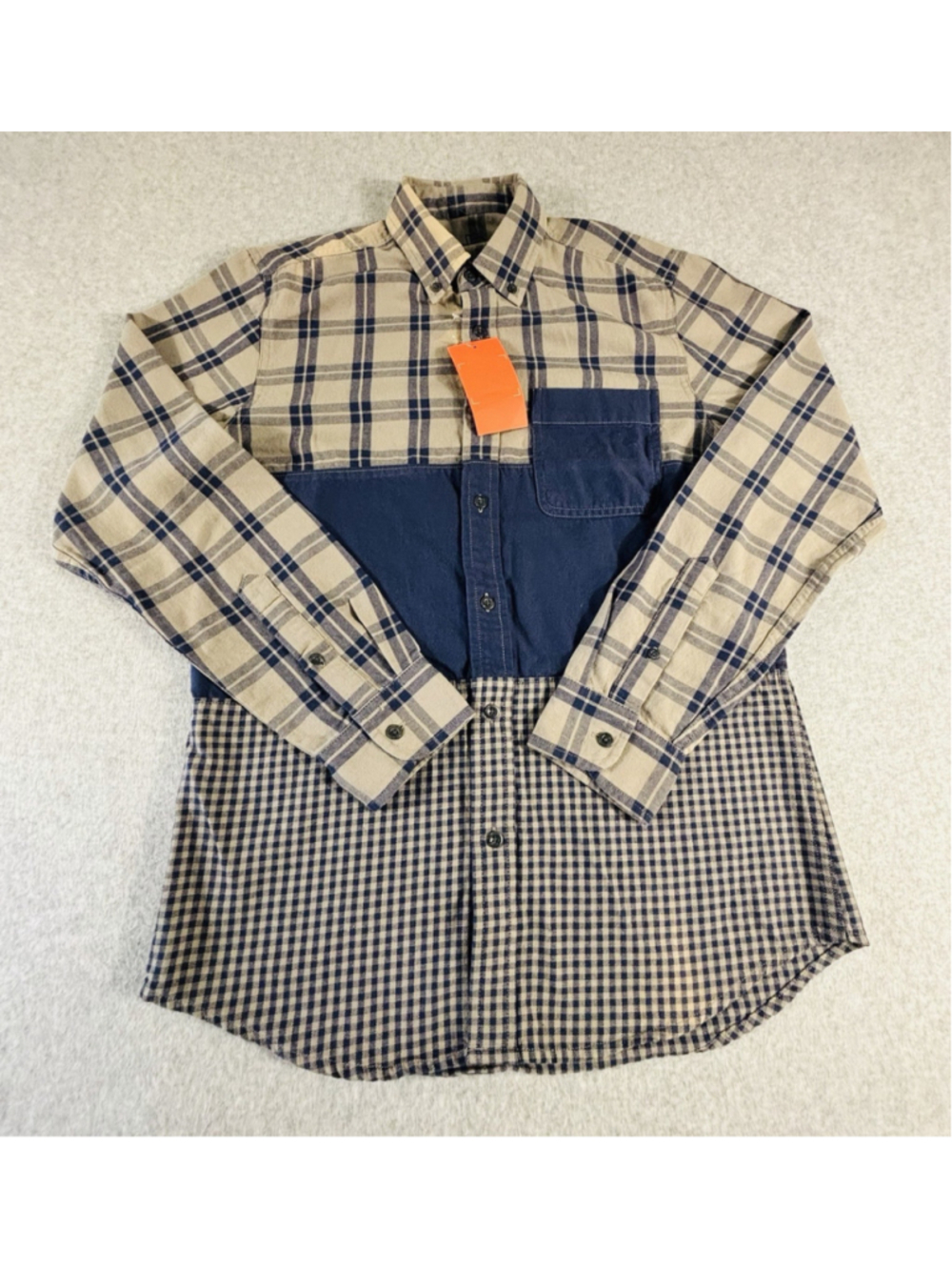 JackThreads Patchwork Flannel Shirt Mens‎ Medium Beige Navy Plaid Button Up